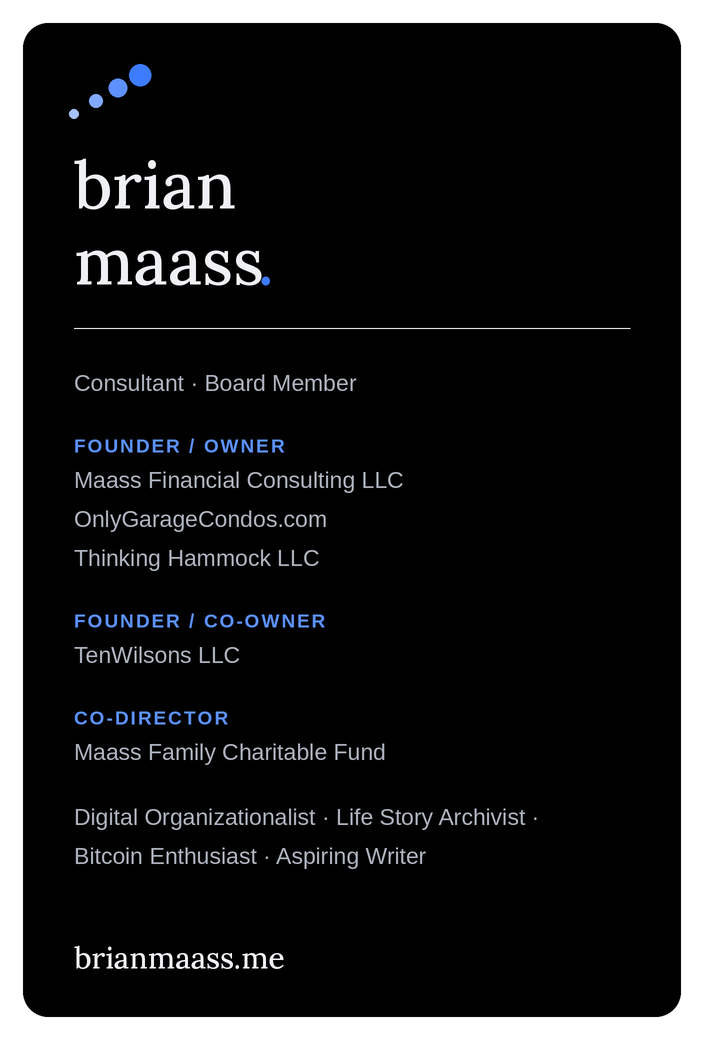 Brian Maass, roles and ventures contact card